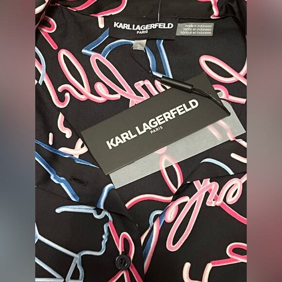 NWT Karl Lagerfeld Dressy Silky Neon Lights Button Down Shirt Dress Size 2 - Picture 9 of 9